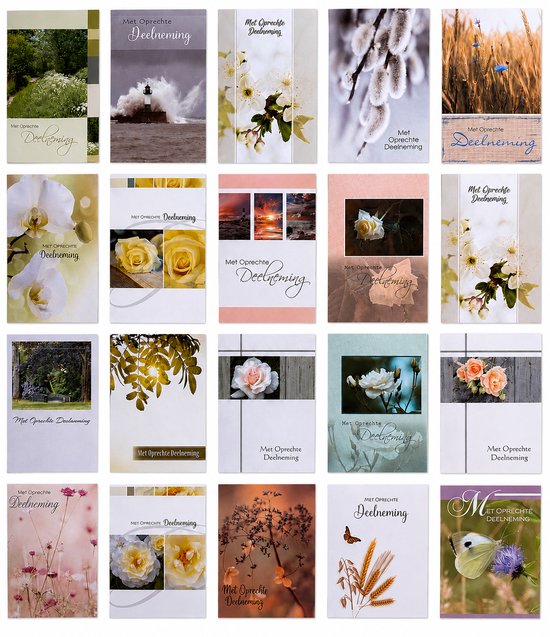Een raster van 20 condoleancekaarten met diverse natuurlijke designs: bloemen, landschappen, dieren en seizoenen.