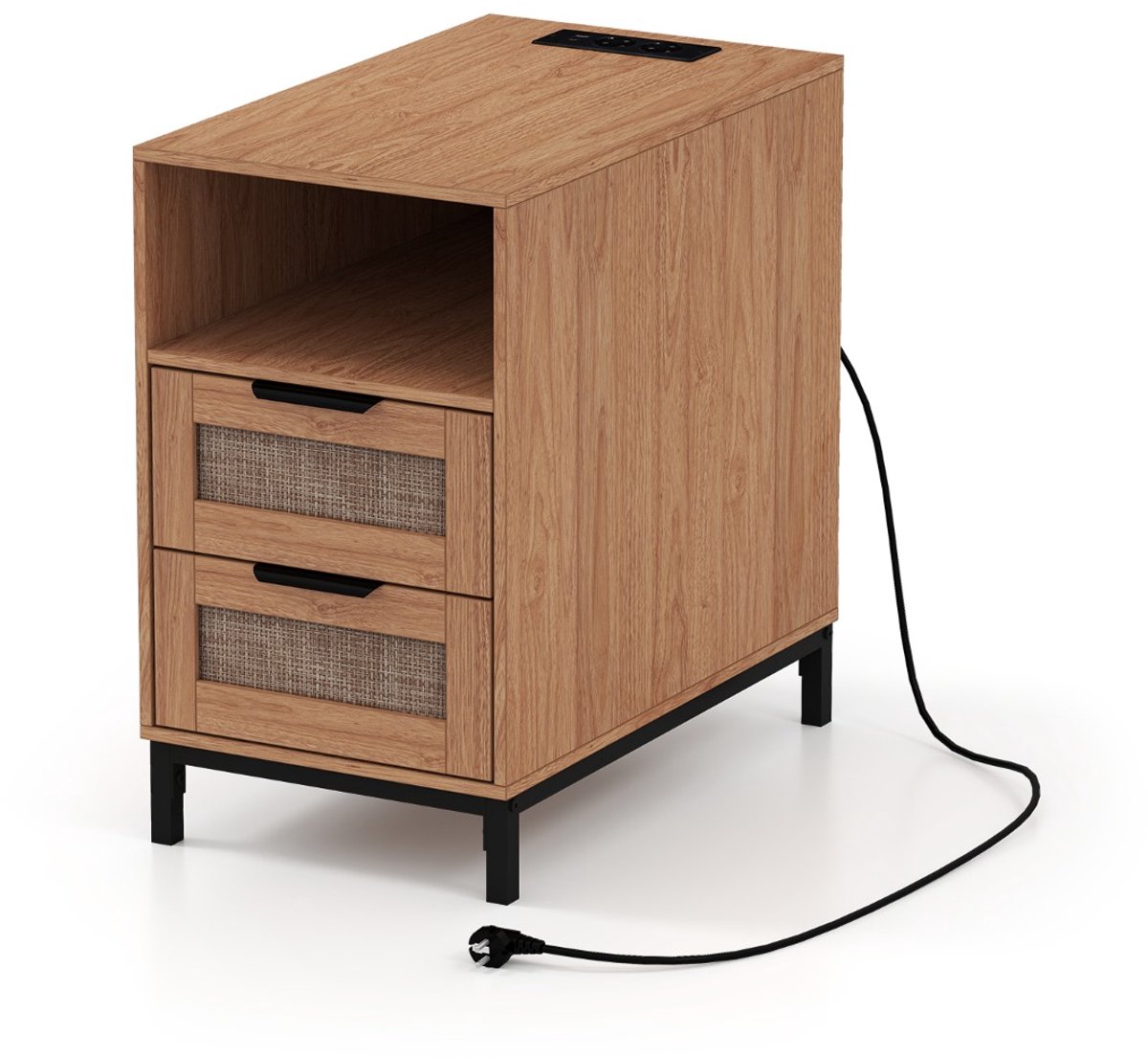 SureDeal® - Nachtkastje - Rieten - Oplaadstation Voorzien Open - Metalen - 60x35x61 cm - Naturel