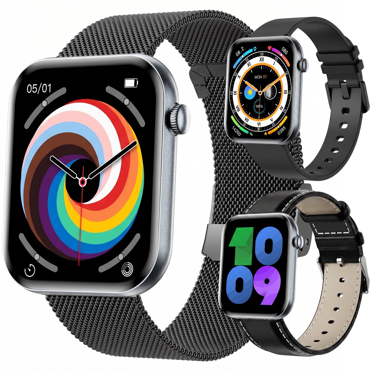 Synyq Health Pro - Smartwatch Dames en Heren - 1.85”AMOLED - 3 Bandjes - Stappenteller - Hartslagmeter - Bloeddrukmeter - Slaapmonitor - Belfunctie - Multisport - Geschikt voor Android en iOS - Black