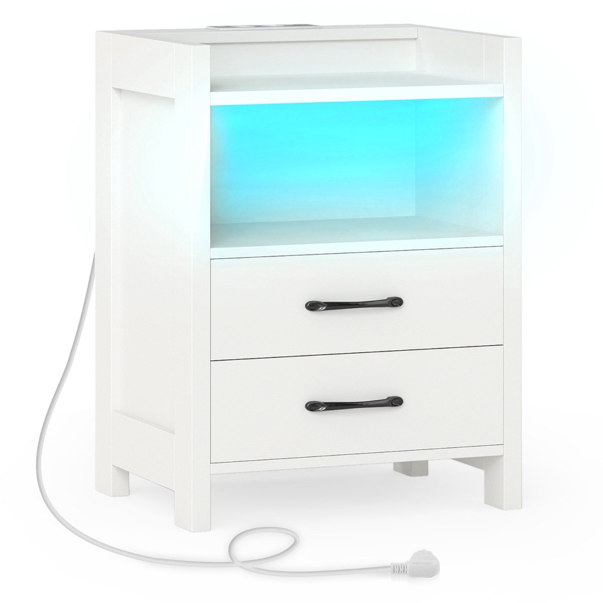 SureDeal® - Nachtkastje - Ledverlichting - Oplaadstation - Twee Lades - Open Opbergvak - 45x35x60 cm - Wit
