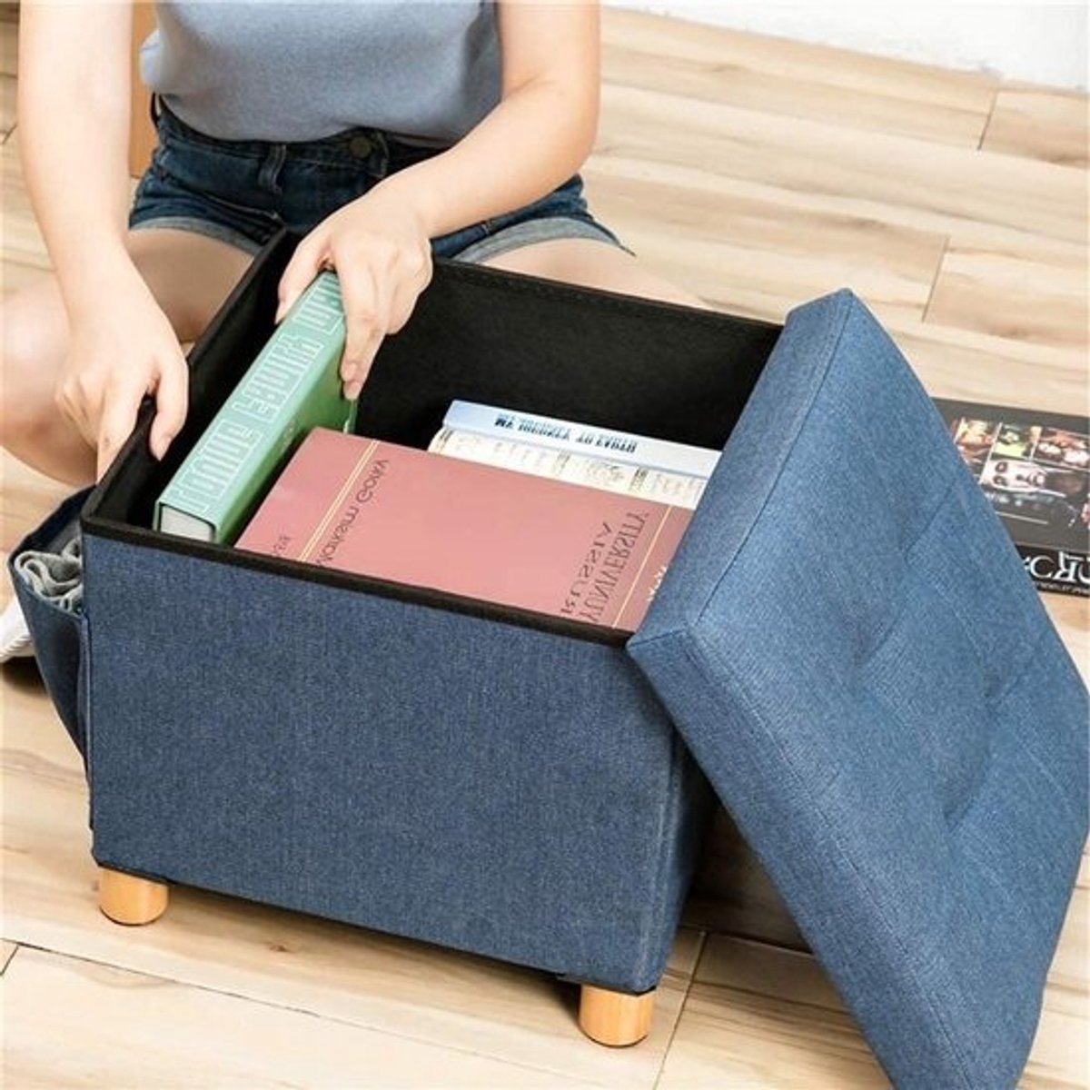 Opvouwbare opbergpoef - Voetenbank lade - Ruimte Organiseren - Met zijvakken - 60x38x38cm - Zwart