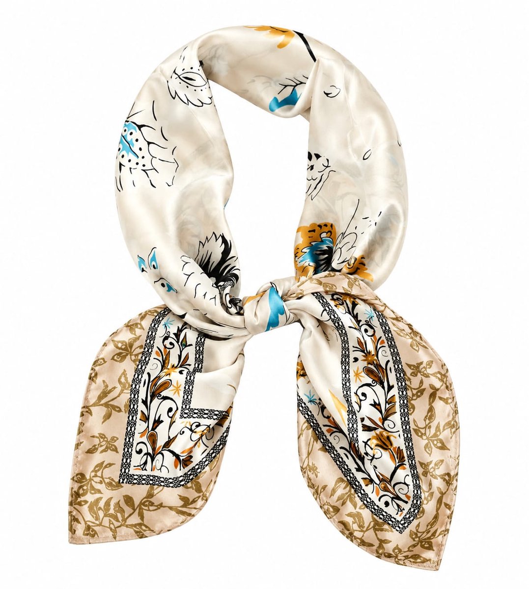 Zijde Vierkante sjaal beige bloemprint |Deels silk 70x70 CM Youhomy accessoires neksjaaltje | Hoofdsjaal | Stewardess Sjaaltje| Cadeau Moederdag cadeau| Valentijnsdag cadeau| Sinterklaas cadeau| Kerstcadeau