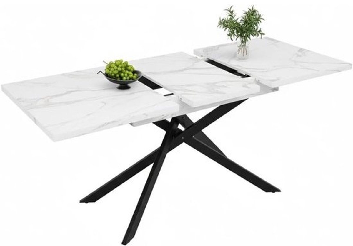 Uittrekbare Eettafel - Keukentafel Uitklapbaar - Gezellig Eten - Wit Gemarmerd Blad - 120-160 cm - Wit