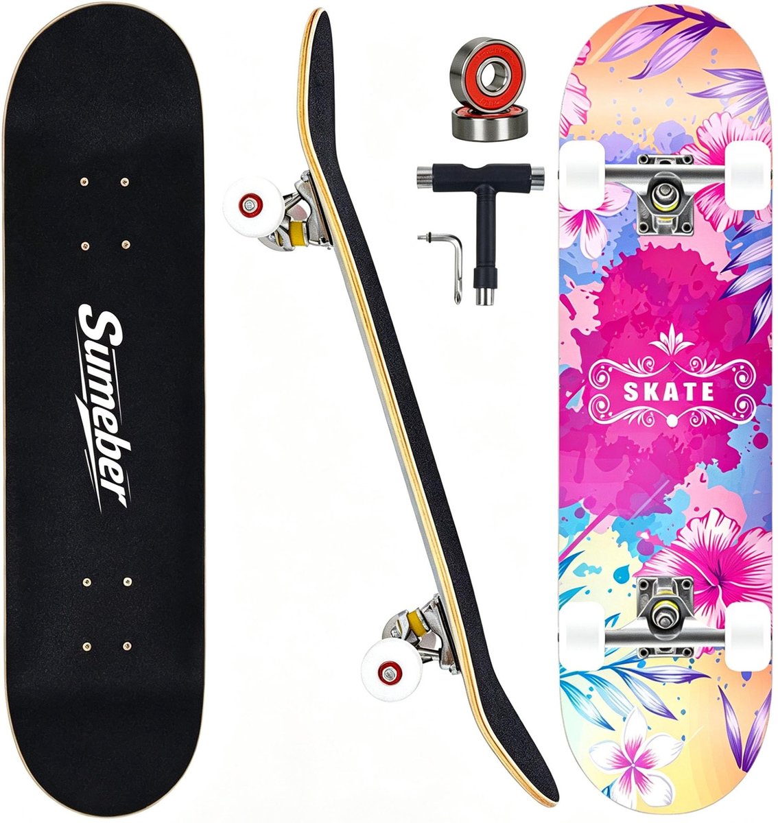 Skateboard voor Volwassenen - Dubbel Kickboard voor Beginners - Zwart/Wit Rooster