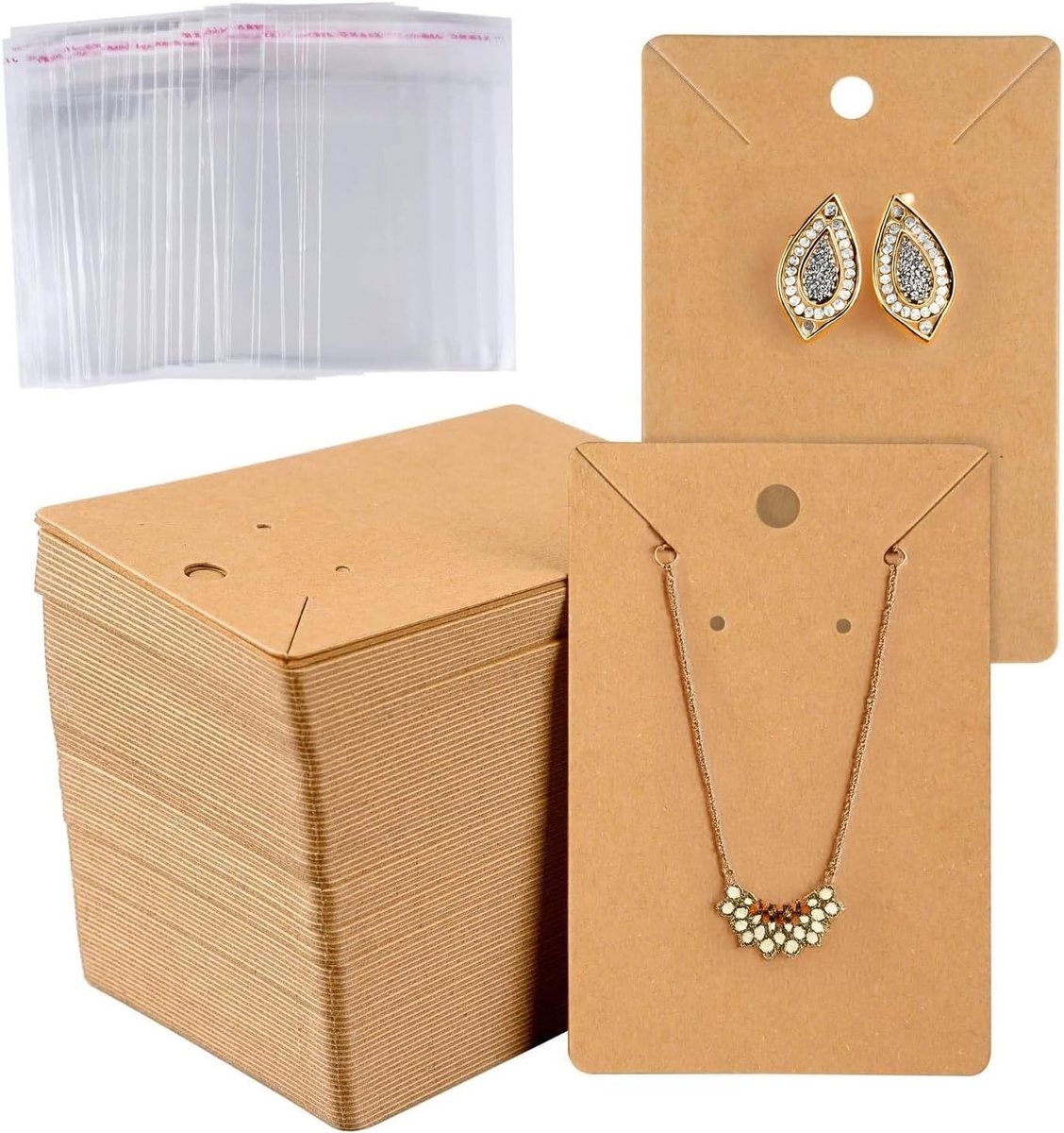 Earring Cards voor Verkoop - 200 Stuks Kraft Papier Oorbellenhouders met Zelfsluitende Zakjes, Perfect voor Sieradenverpakking en Presentatie