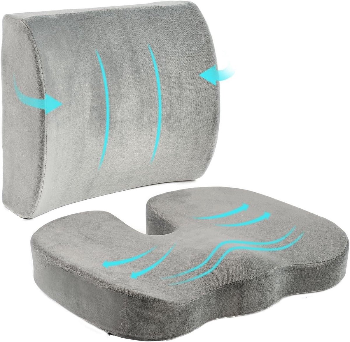 Geheugenfoam Lendensteun Kussen voor Bureaustoel en Autostoel met Verstelbare Bandjes - Blauw, Ergonomisch en Comfortabel