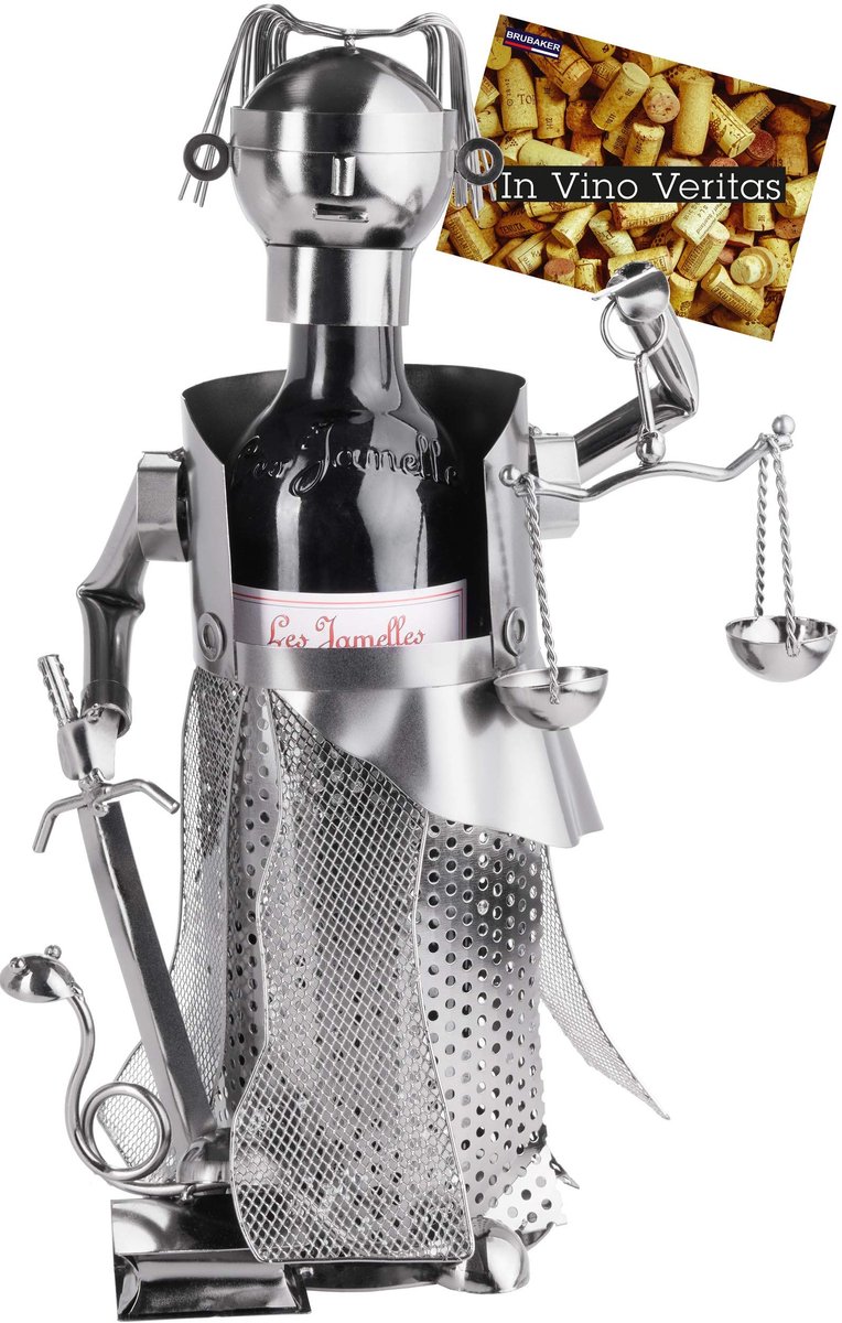 Wijnfleshouder Justitia - Modern Metaal Sculptuur - Cadeau voor Advocaten