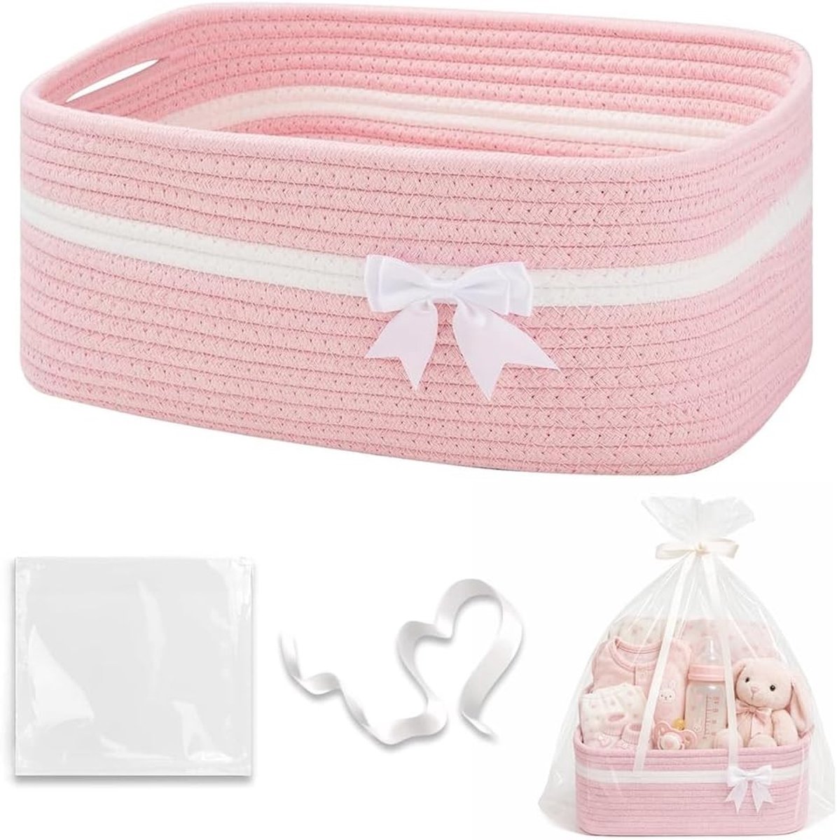 Lege Cadeaumand 30 x 20 x 12 cm, Gevlochten Opbergmand voor Cadeaus, Inclusief Cadeauzakken en Linten voor Verjaardag en Bruiloft