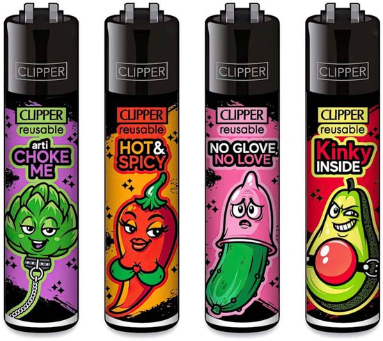 Vier Clipper aanstekers met cartoon afbeeldingen: artisjok, hete peper, augurk met condoom, avocado. Teksten: 'arti choke me', 'hot & spicy', 'no glove no love', 'kinky inside'.