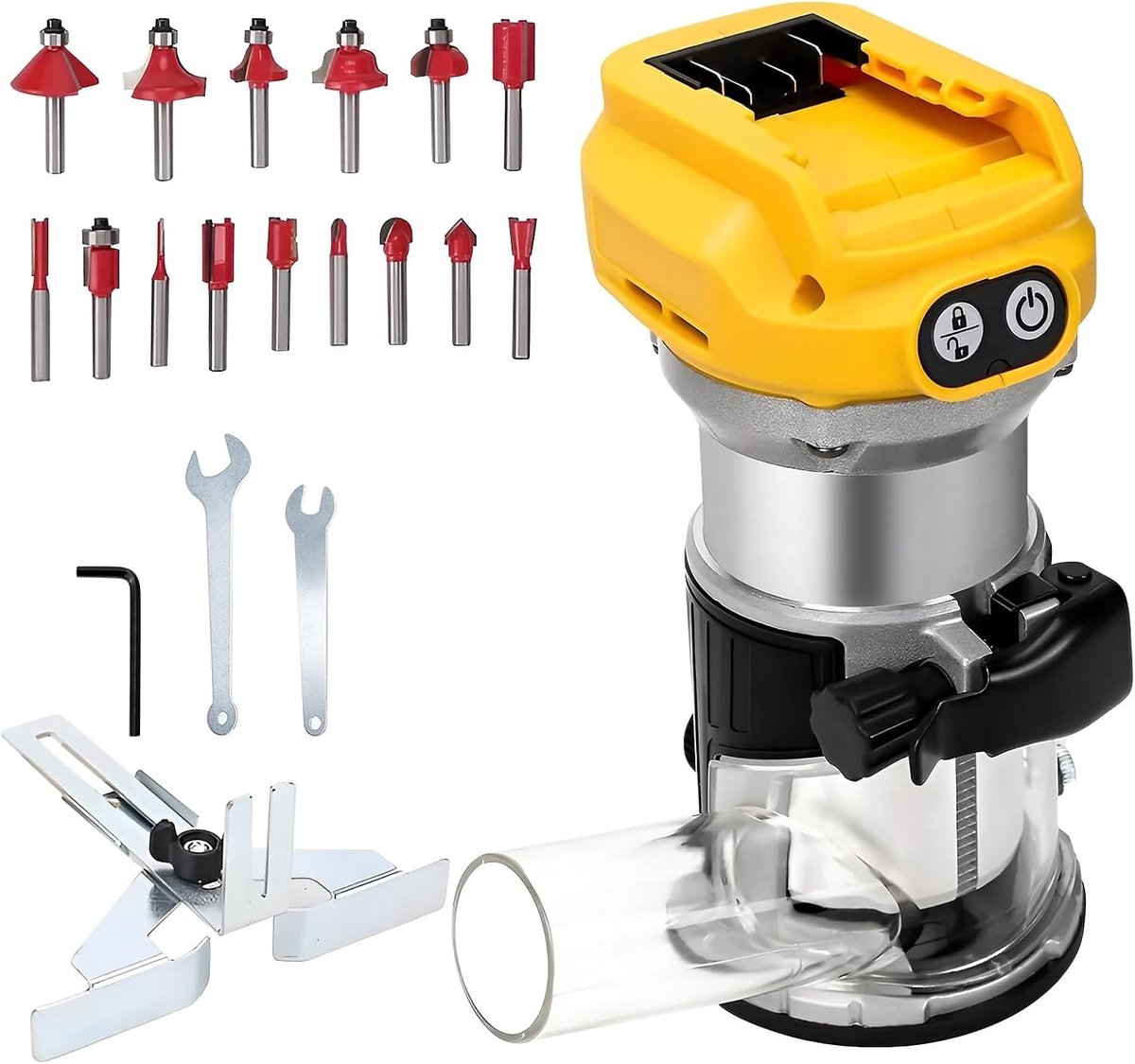 Draadloze frees met 18/20 V accu, 800 W, 30.000 rpm, borstelloze motor, 6 snelheden en aluminium basis, ideaal voor trimmen en kanten snijden, 15 accessoires inbegrepen