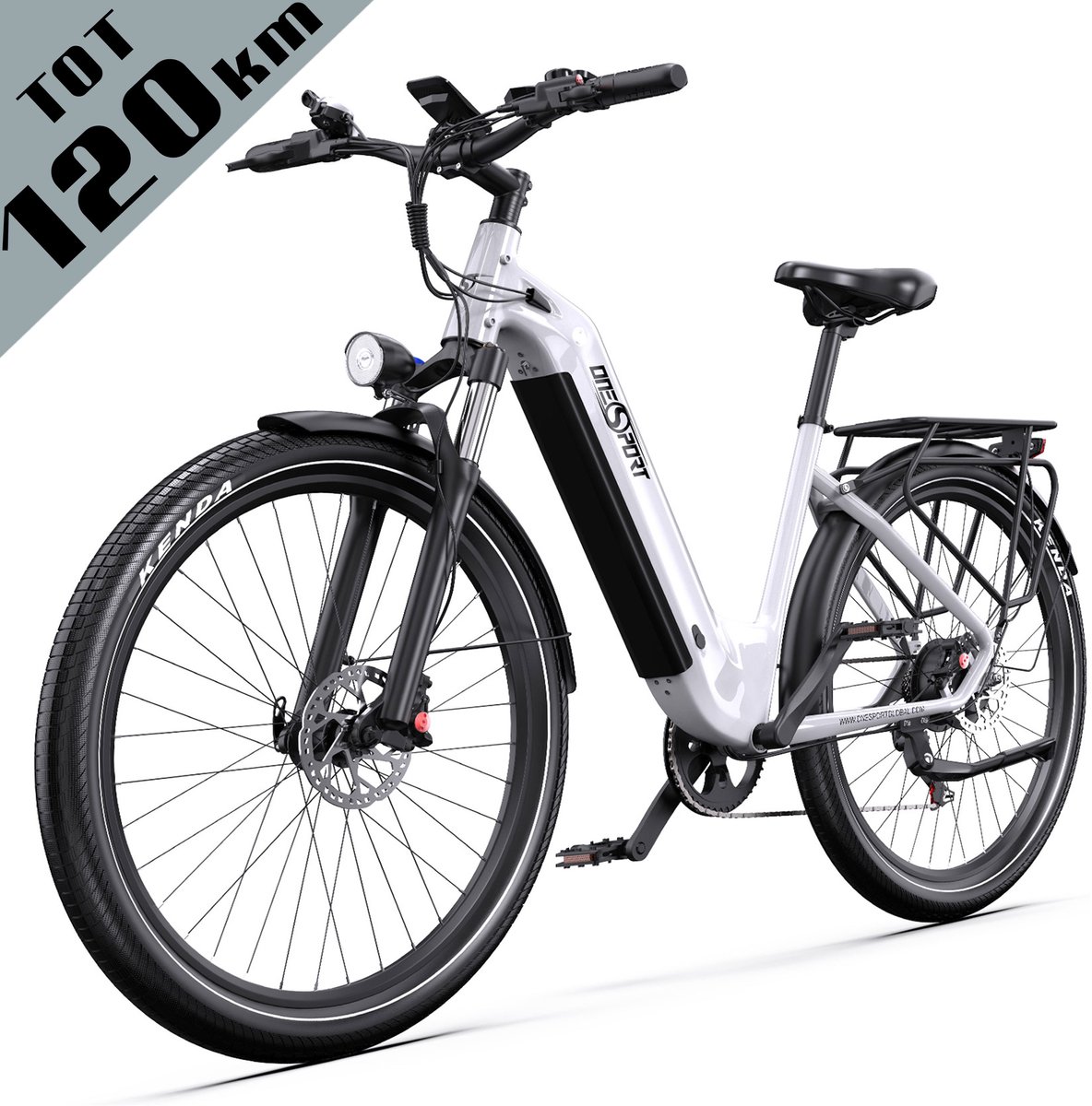ONESPORT elektrische stadsfiets-36V 250W motor-koppelsensor-655Wh accu-tot 120 km actieradius-25 km/u-hydraulische schijfremmen-mobiele app-Shimano 7 versnellingen-wit