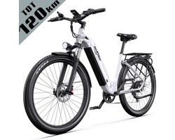 ONESPORT elektrische stadsfiets-36V 250W motor-koppelsensor-655Wh accu-tot 120 km actieradius-25 km/u-hydraulische schijfremmen-mobiele app-Shimano 7 versnellingen-wit