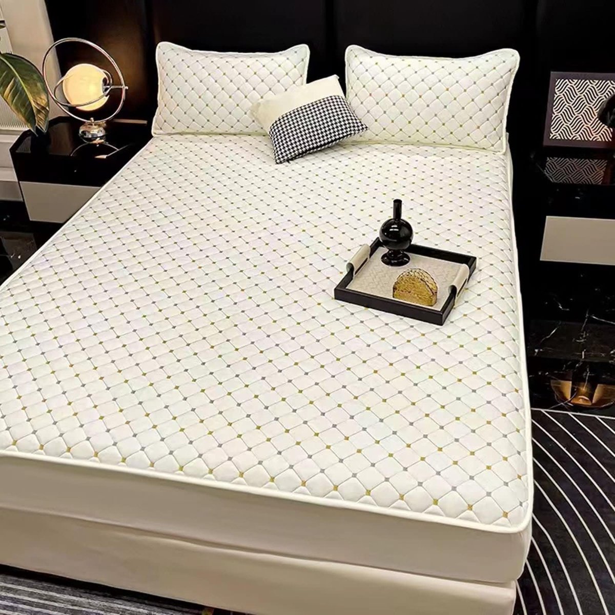 Hoeslaken boxspring - Katoen - Beige geometrisch stiksel - 180 x 200 cm