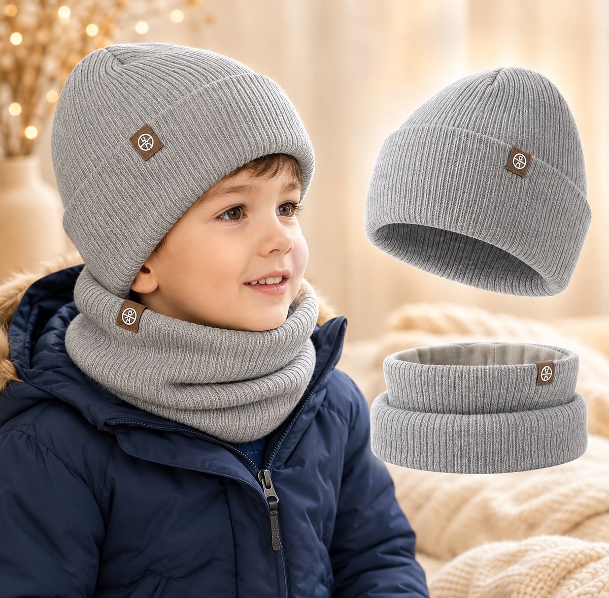 Gebreide kindermuts en colsjaal set, warme en rekbare wintermuts voor peuters