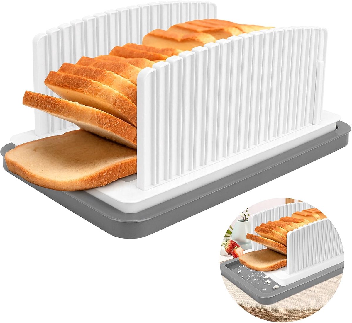 KZQ Opvouwbare broodsnijder met kruimelbak - Verstelbare breedte en lengte - Geschikt voor zelfgebakken brood toast bagels en taarten - Compact en eenvoudig op te bergen - Wit