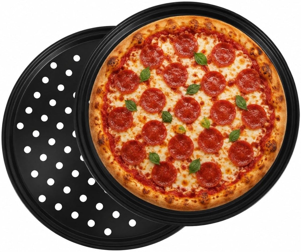 Set van 2 perforerende pizzapannen van 10 inch, carbon staal met anti-aanbaklaag, eenvoudig schoon te maken en ideaal voor thuisgebruik