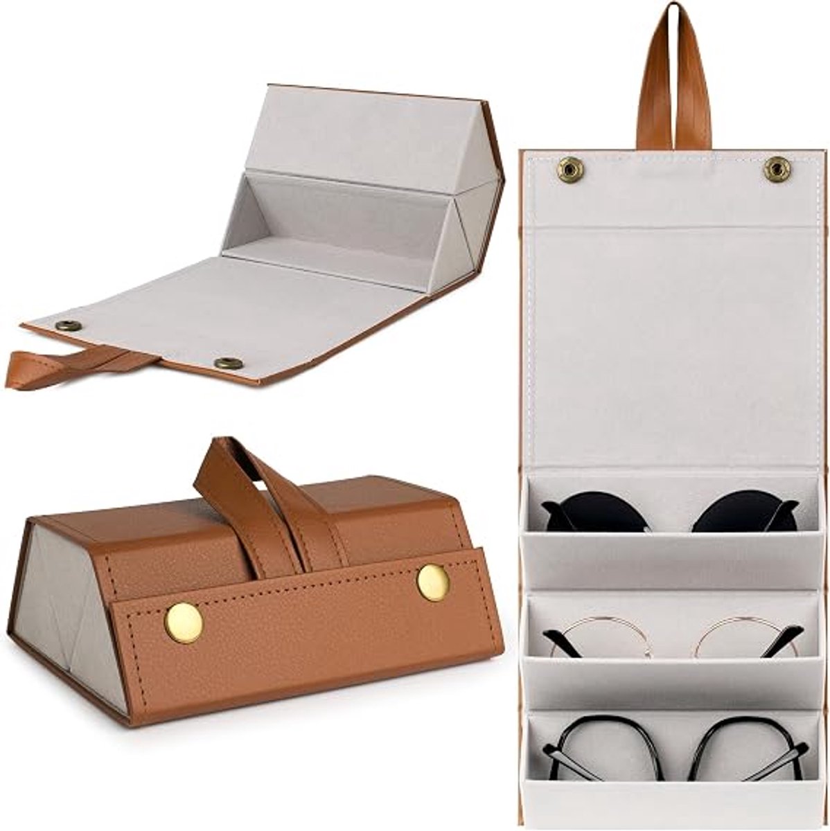 Brillenkoker - Oprolbare Brillen Opbergtas - Opbergorganizer voor Zonnebrillen - Opbergdoos voor Brillen - Brillen Opbergen - Met 3 Vakken - Hangend Vouwend - Pu Leer - Unisex - Voor Gezinnen, Studenten of Reizigers