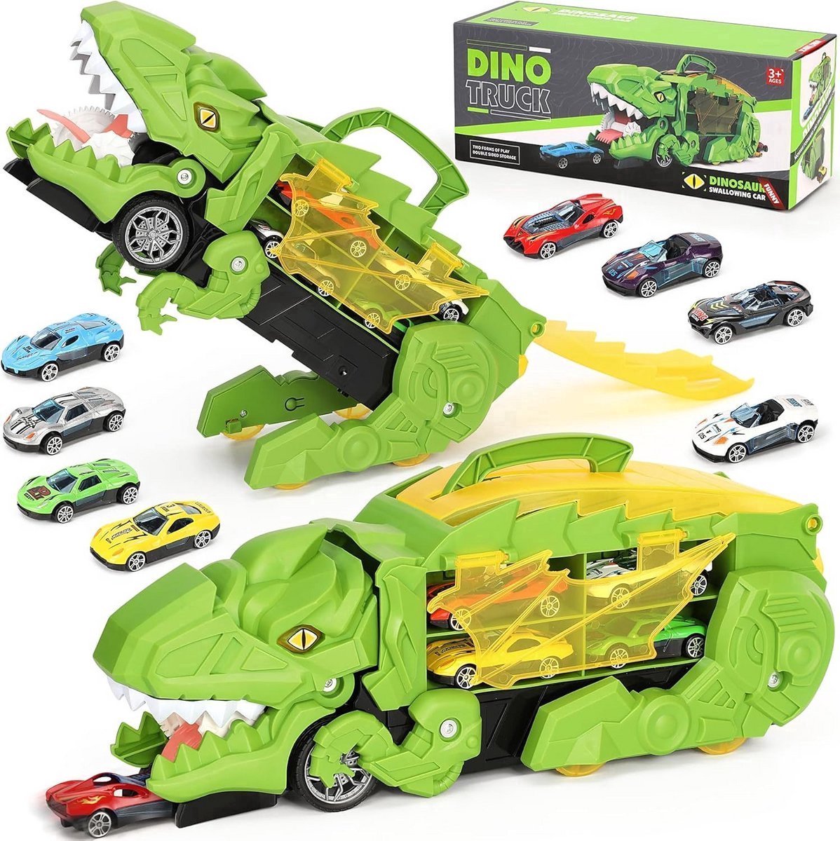 casalora® - Dinosaurus Speelgoed Truck - Vrachtwagen speelgoed - Met 8 Extra Speelgoedauto's - Auto speelgoed - Dino - Geschikt cadeau voor kinderen vanaf 3 jaar - Speelgoed voor kinderen van 3, 4, 5, 6, 7, 8 jaar - Jongens en Meisjes Speelgoed