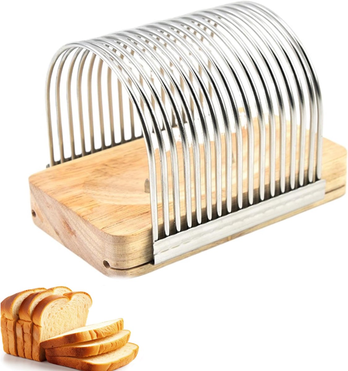 KZQ Broodsnijder met houten basis - Bakgerei voor toast en zelfgebakken brood - Stevig en eenvoudig in gebruik - Zilver