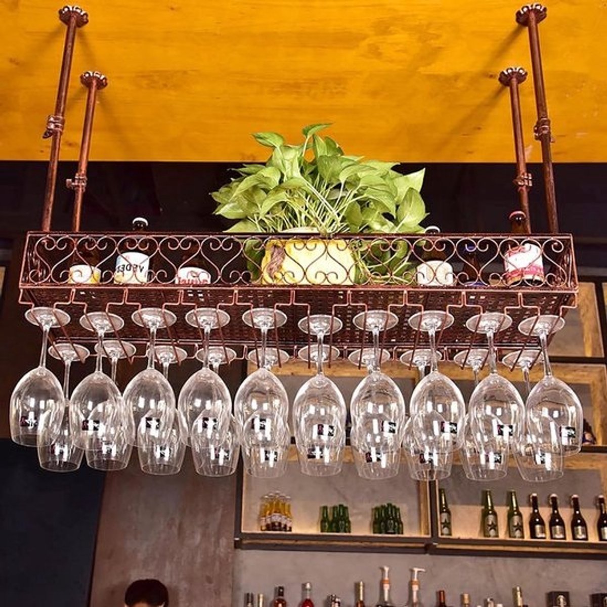 Hangend Wijnrek - Fleshouder Glaswerk - Bar Inrichting - In Hoogte Verstelbaar - 100cm - Zwart