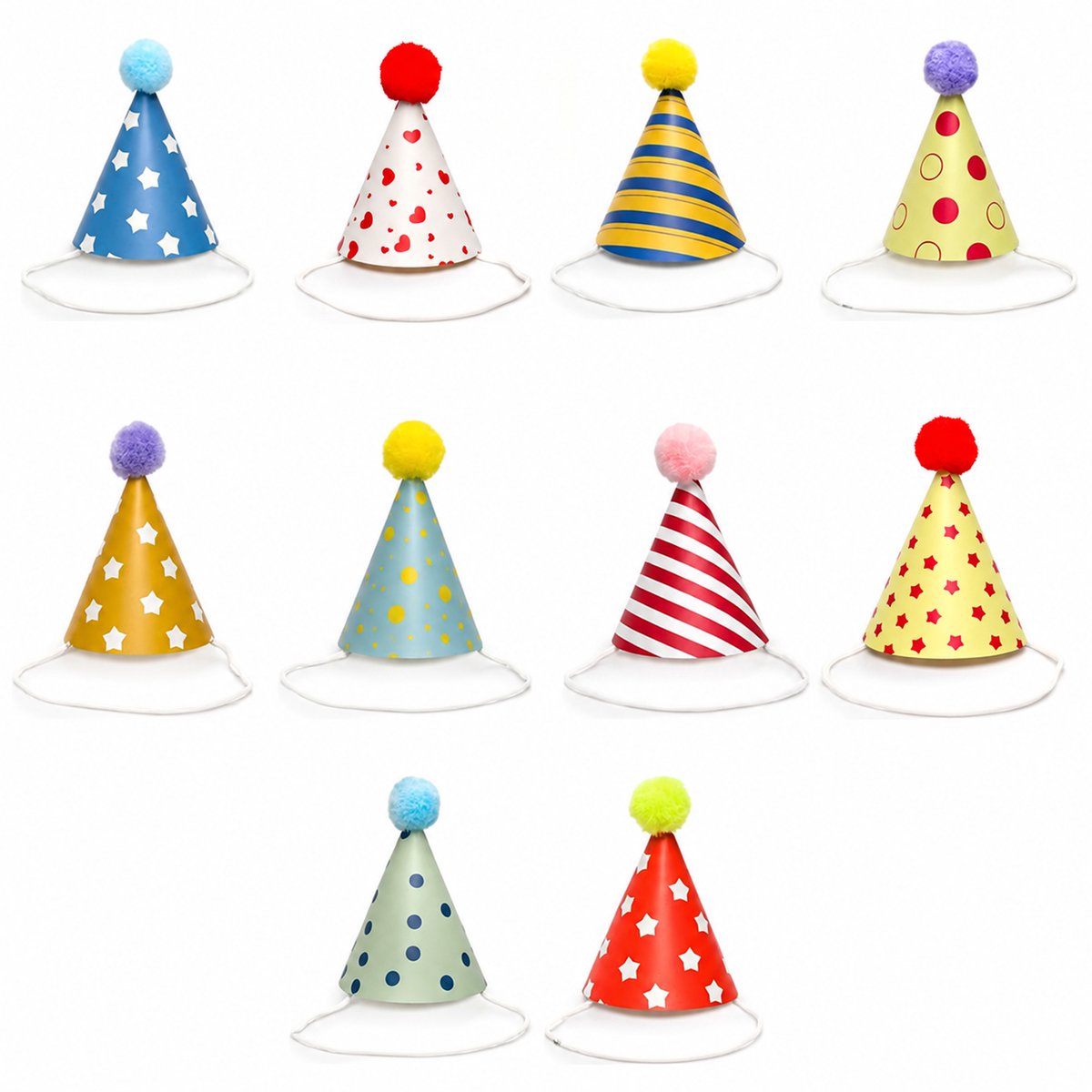 Kaiyaya - 10 stuks feesthoedjes - mini feestmutsen - veelkleurig - met pluimbal - voor knuffels, huisdieren, verjaardag en feest