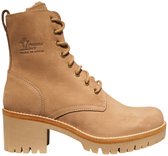 Lichtbruine leren dames veterboot met logo 'Panama Jack' op de schacht, blokhak en dikke zool.