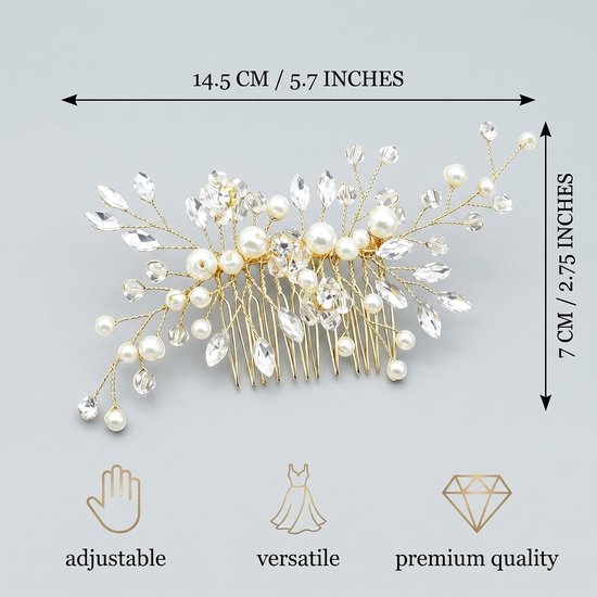 Gouden kam met parels, kristallen en bloemen: elegant haarsieraad voor bruiloft, feest en speciale gelegenheden. — afbeelding 4
