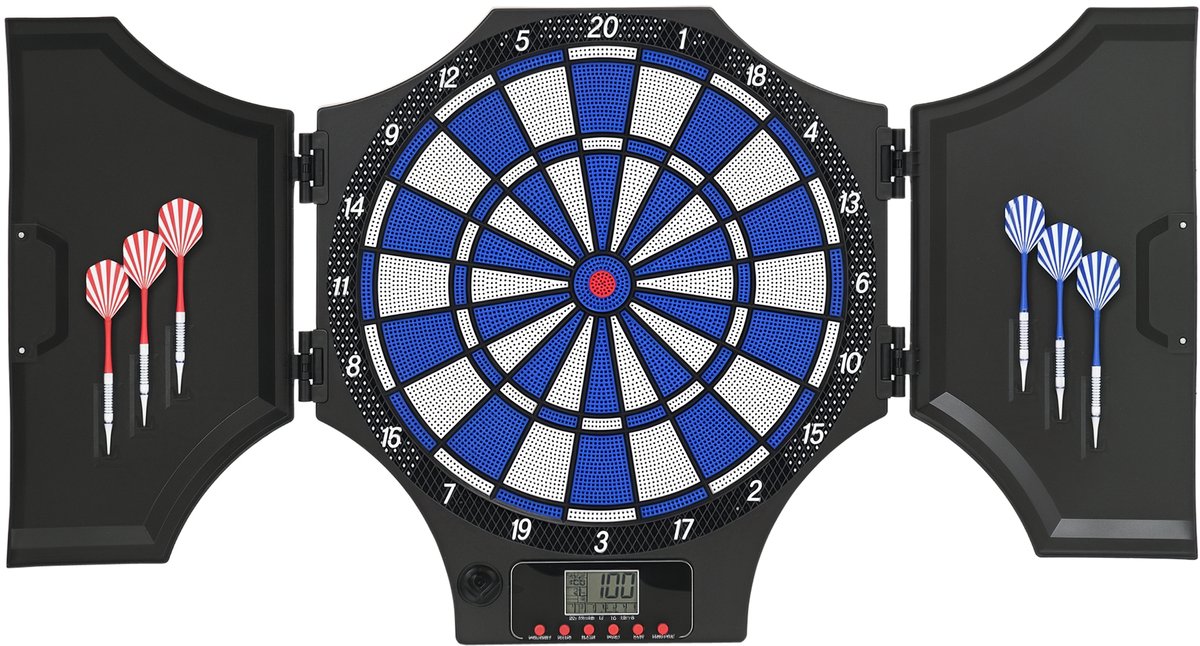Elektronisch dartbord, opvouwbaar, 31 spellen, 285 variaties, voor maximaal 8 spelers, lcd-display, 2 deuren, luidspreker, zwart