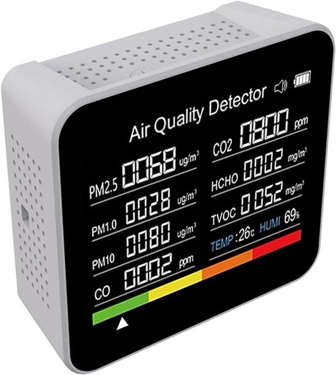 Luchtkwaliteit Meter - CO2 Monitor Detector - Binnen Milieu Meten - 9-in-1 Metingen - 216 Gram - Wit