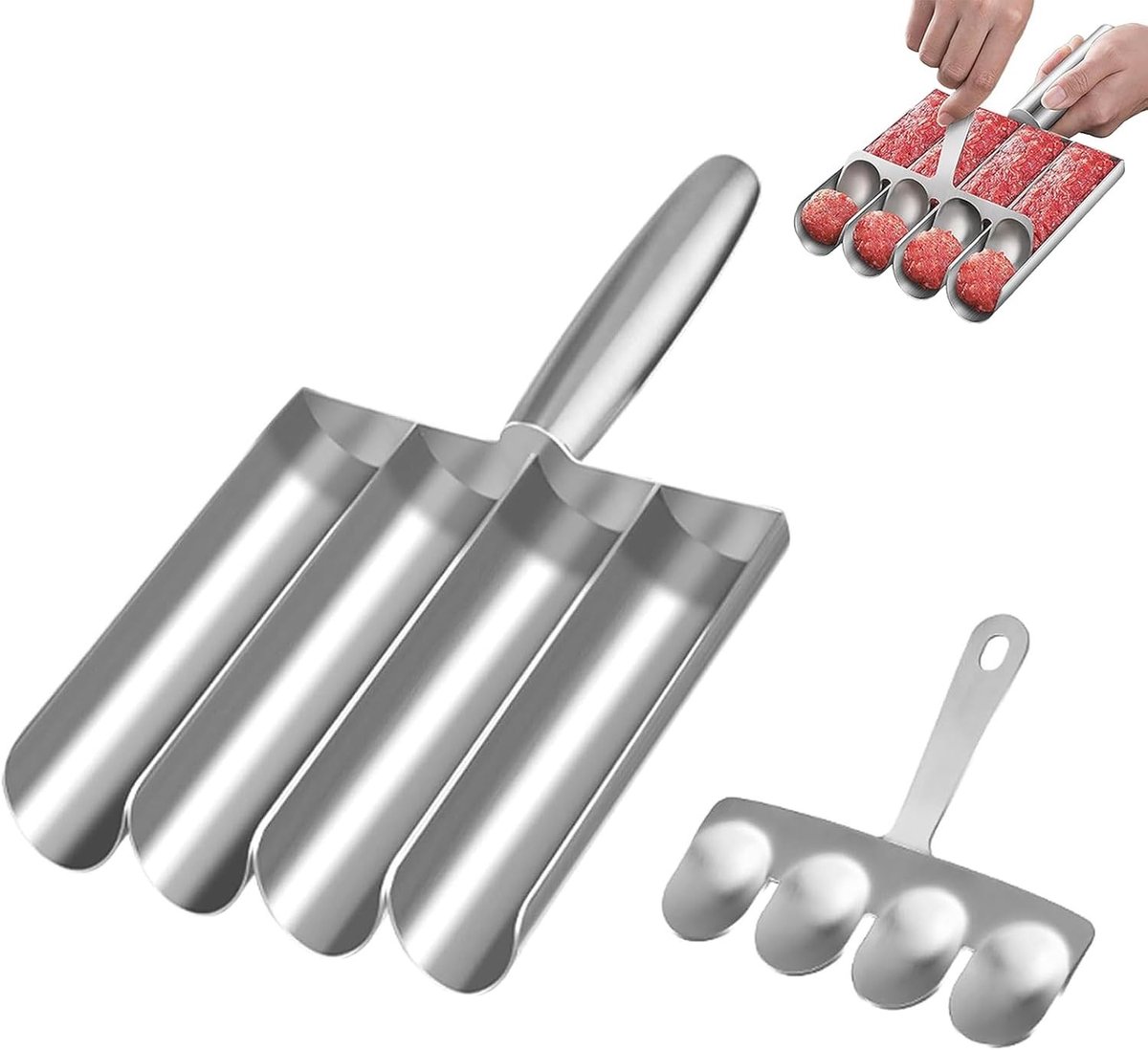 Stainless Steel Meatball Maker met 4 Tubes en Snijlepel voor Perfecte Gehaktballen en Visballetjes, Ideaal voor de Keuken