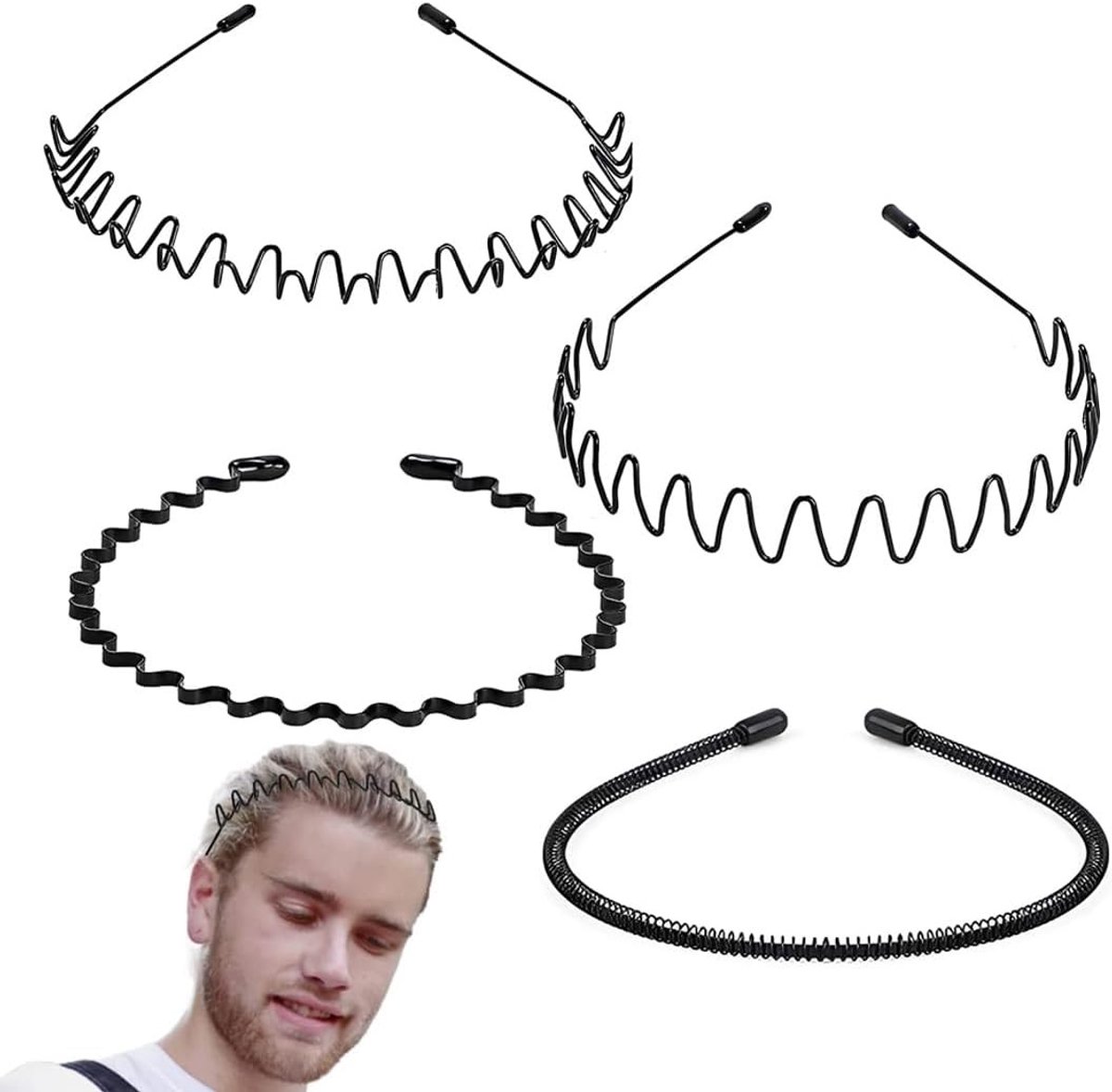 Set van 4 Zwarte Metalen Haargel Bands voor Mannen en Vrouwen - Onzichtbare Elastische Haaraccessoires voor Sport, Gezichtsreiniging en Dagelijks Gebruik