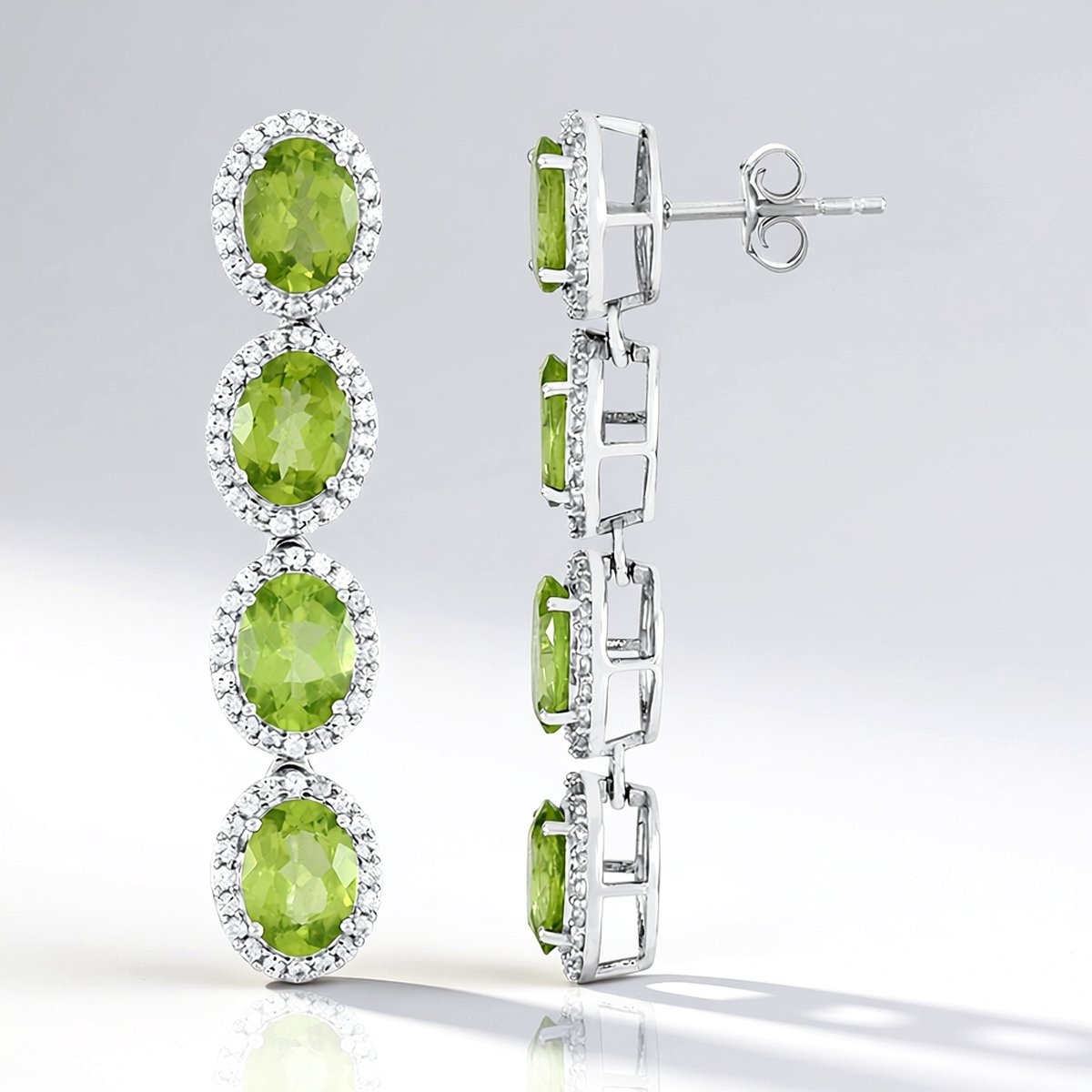 Cavill - Elegante Lange Oorbellen - 925 Sterling Zilver Platina - 8 Ovale Peridoot 9,66 ct & 160 Zirkoon 2,13 ct - Stijlvol voor Dames