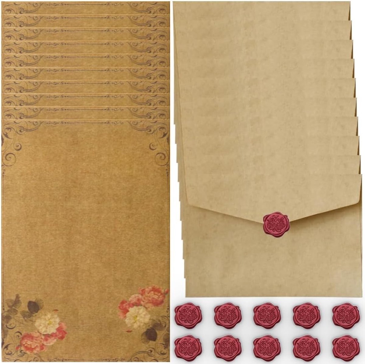 Vintage Briefpapier Set met 10 Antieke Enveloppen, 16 Vintage Papieren en 10 Waszegels voor Uitnodigingen en Kaarten