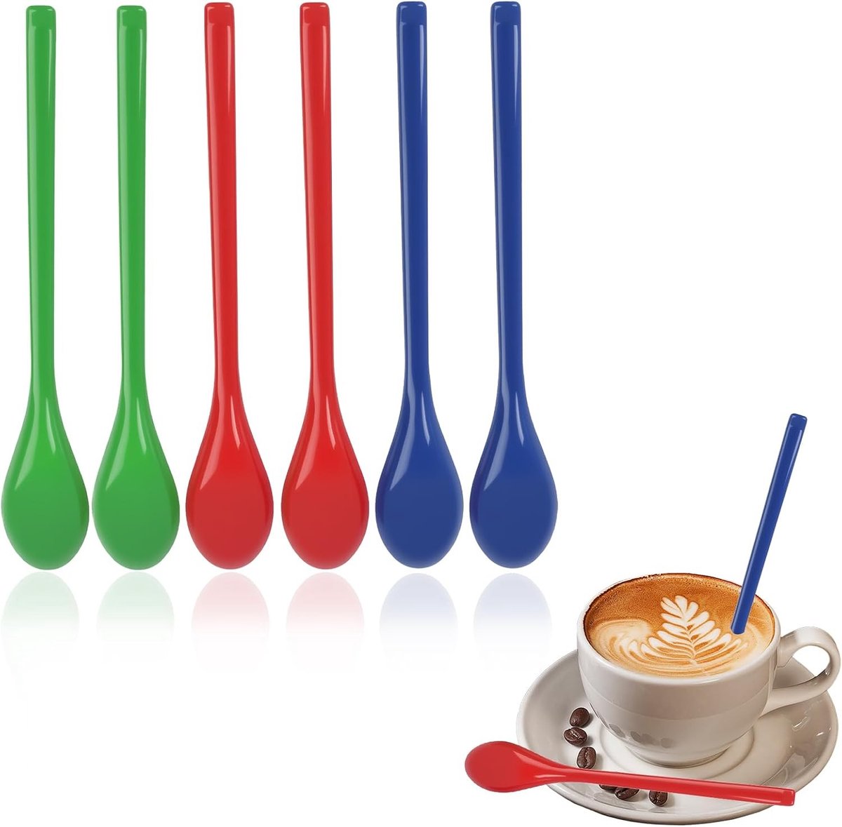 Set van 6 kleurrijke plastic lepels met lange handgreep, ideaal voor koffie en eieren, 19 cm, eenvoudig te reinigen, veelzijdig en onmisbaar in de keuken