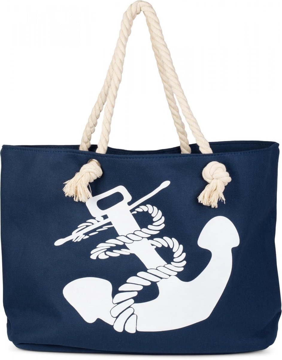 Dames Strandtas - Gevlochten ontwerp met ankerprint - Donkerblauw-wit