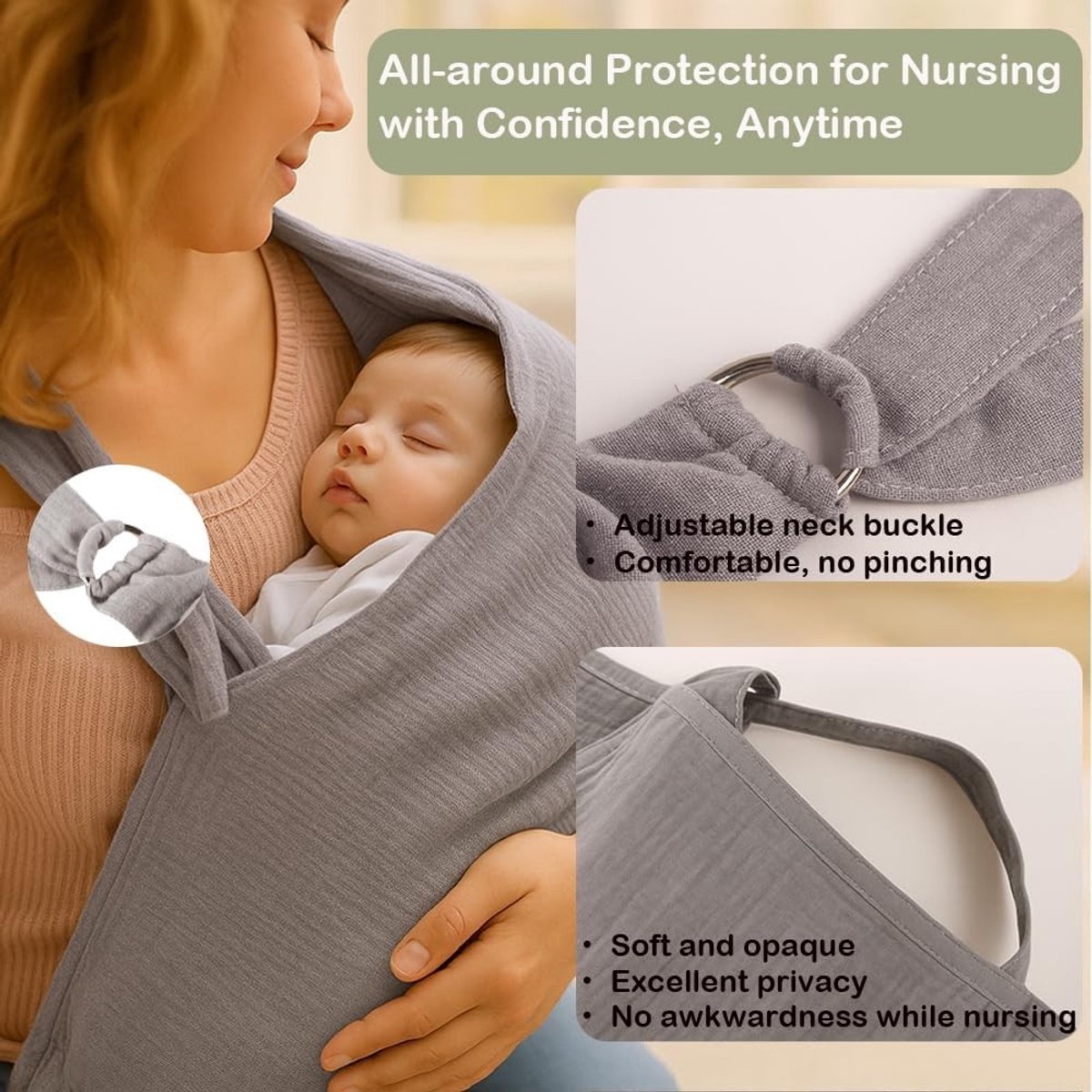 Ademend en Lichtgewicht Borstvoedingscape met Opbergtas - Verstelbare Muslin Cover voor Moeders en Kinderwagens (Grijs)