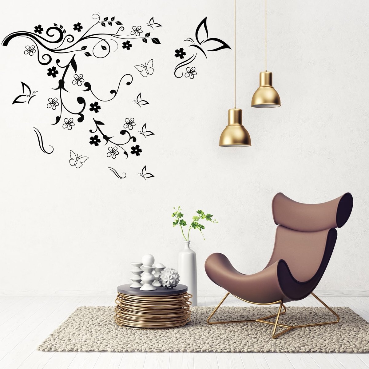 Muursticker met Bloemen en Vlinders - Decoratie voor Woonkamer en Slaapkamer - 105 x 30 cm