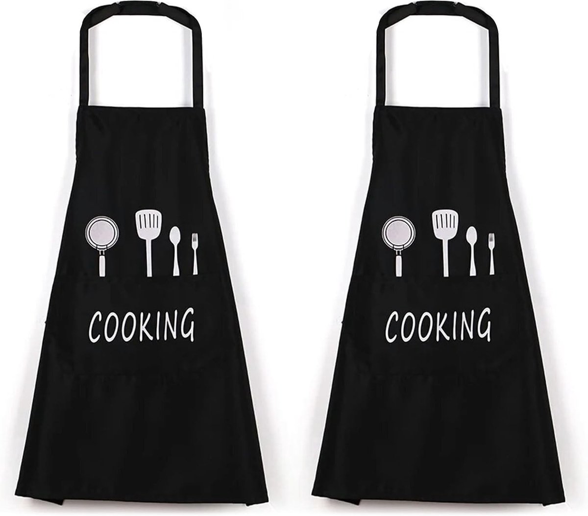 Waterdichte Keuken Schort Set van 2 - Unisex Schorten met Pocket voor Koken, BBQ en Tuinieren - 75cm x 68cm, Zwart