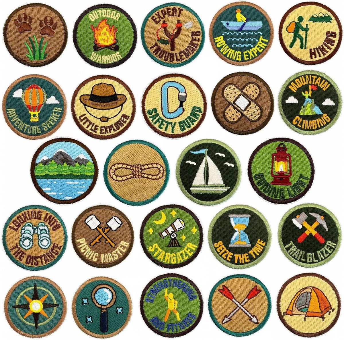 Camping Emblemen voor Strijkapplicaties, Avontuurlijke Ontwerpen voor Kostuums, Hoeden en Rugzakken, 24 Stuks voor Feestdecoratie en DIY Projecten