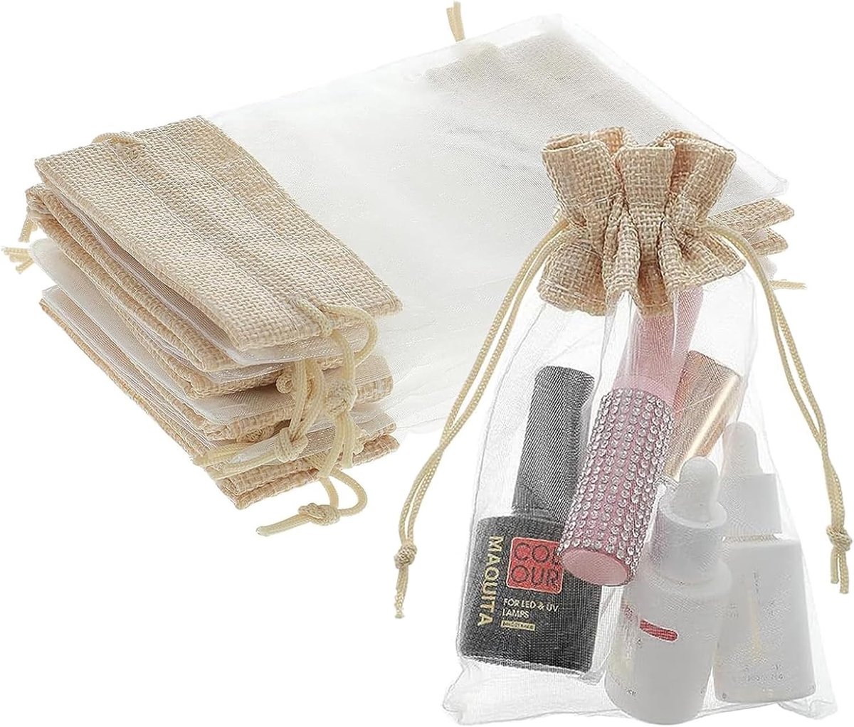 Sieraden Organza Tassen 10 x 15 cm - Witte Organza Tassen met Natuurlijke Katoenen Zak voor Cadeaus en Opslag