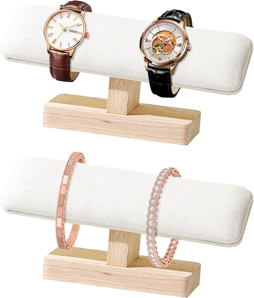 Houten Horloge Display Stand met T-Bar en Suède Organizer voor Armbanden en Sieradenopslag, Ideaal voor Mannen en Vrouwen
