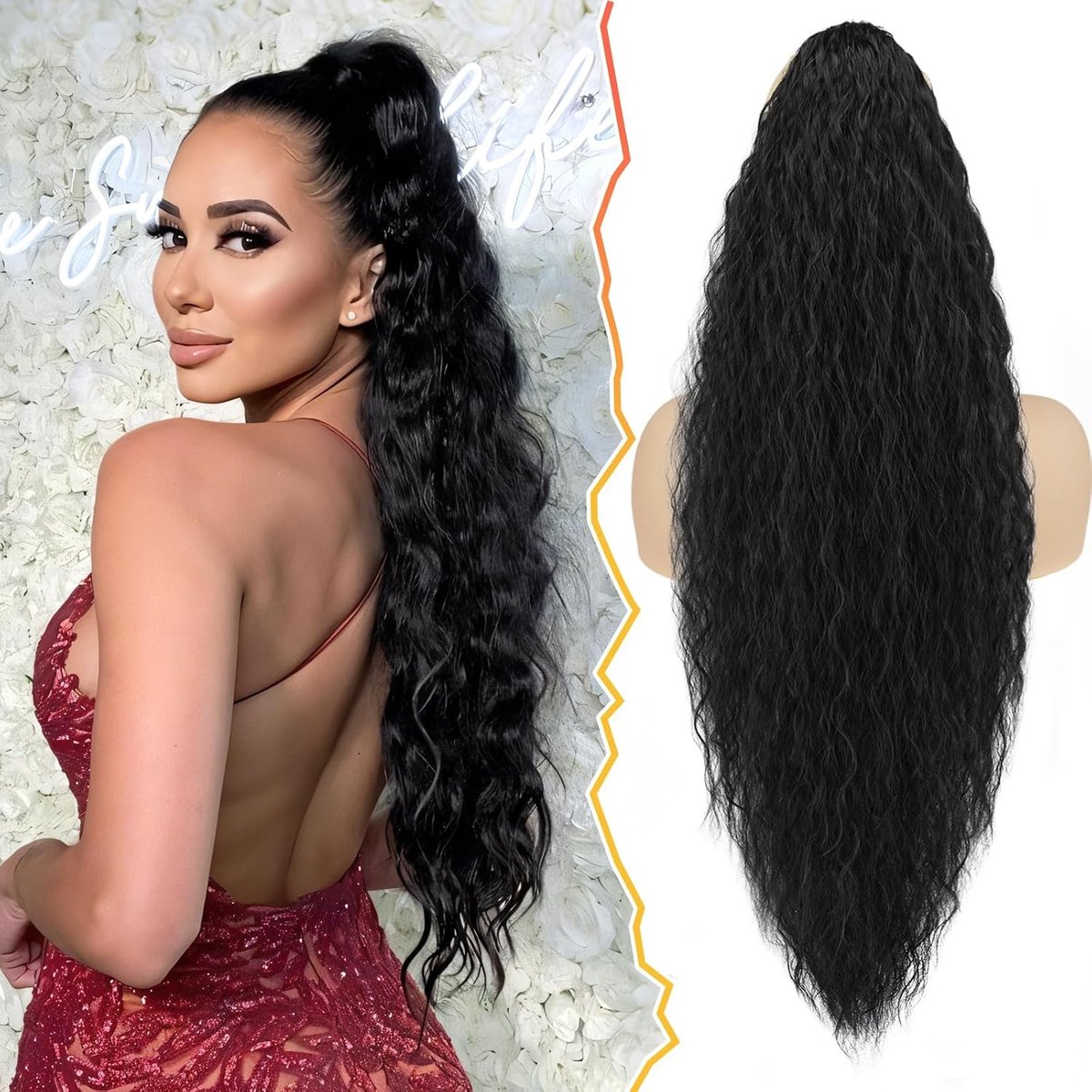 Natuurlijke Zwarte Ponytail Extensions van 30" met Touwtje, Lange Krullende en Golvende Synthetische Haarstuk voor Vrouwen, Bohemian Stijl Ponytail Haaraccessoire
