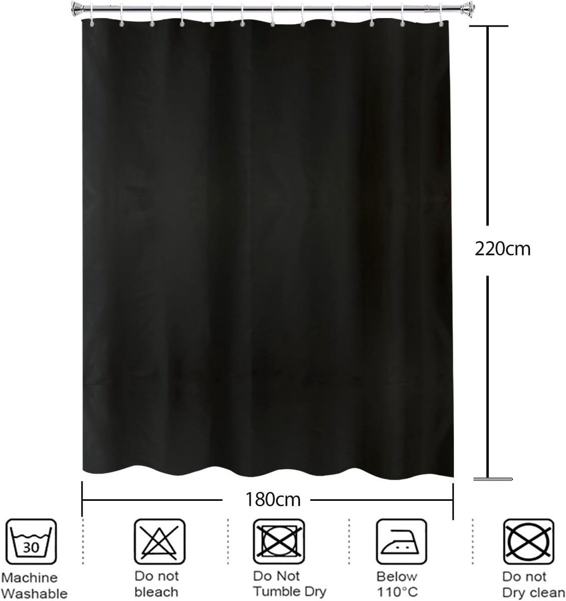 Zwarte Wasbare Douchegordijn van Textiel met Metalen Oogjes - 180 x 220 cm, Waterdicht en Schimmelbestendig