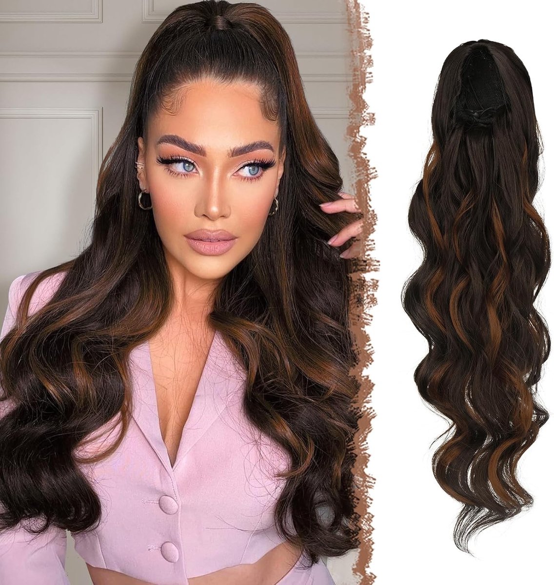 Lange Golvende Ponytail Extension met Trekkoord - Donkerbruin & Kastanjebruin Synthetisch Haar, 60cm, Perfect voor Vrouwen en Speciale Gelegenheden