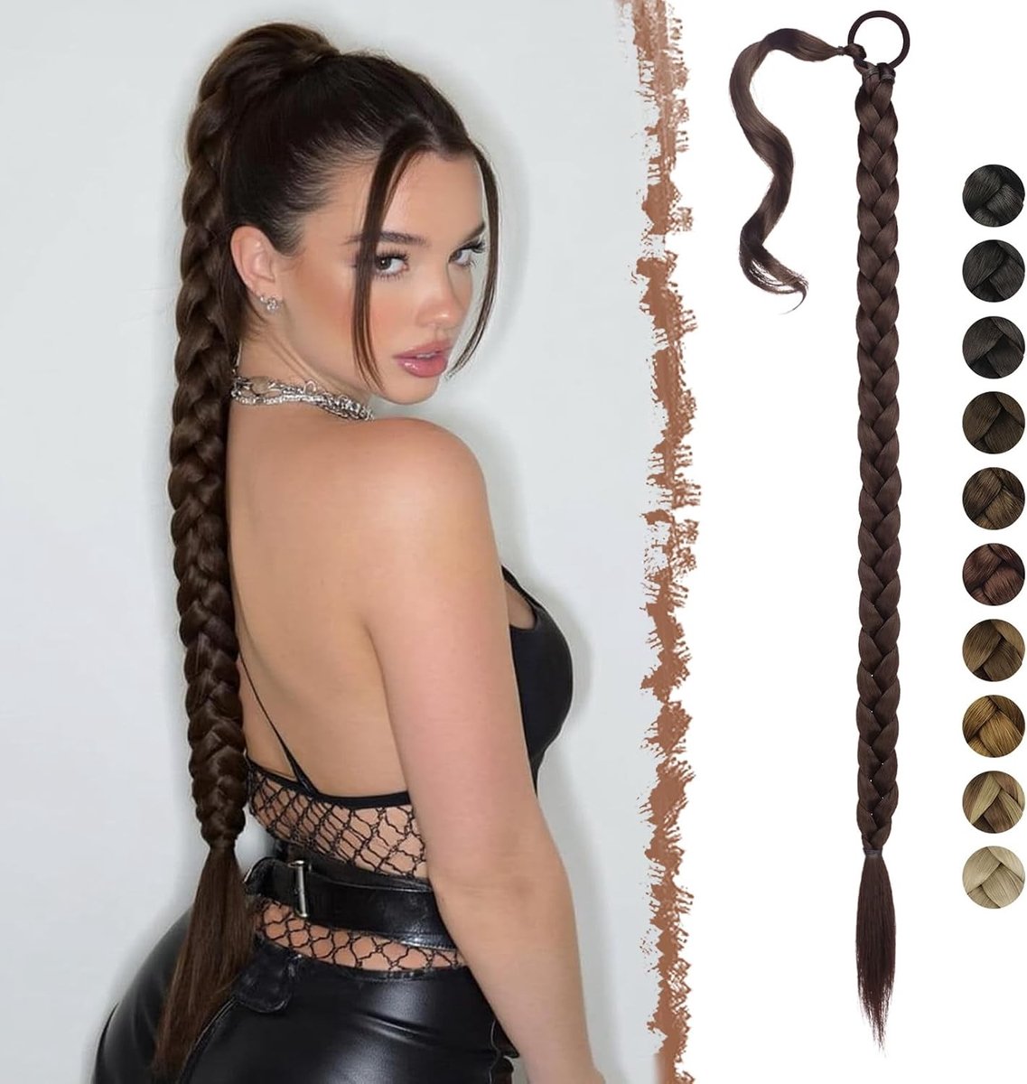 Ponytail Extensions 85cm Lang Bruin Met Haar Elastiek, Vlechtstuk van Synthetisch Haar voor Vrouwen, Perfect voor Feestjes en Dagelijks Gebruik