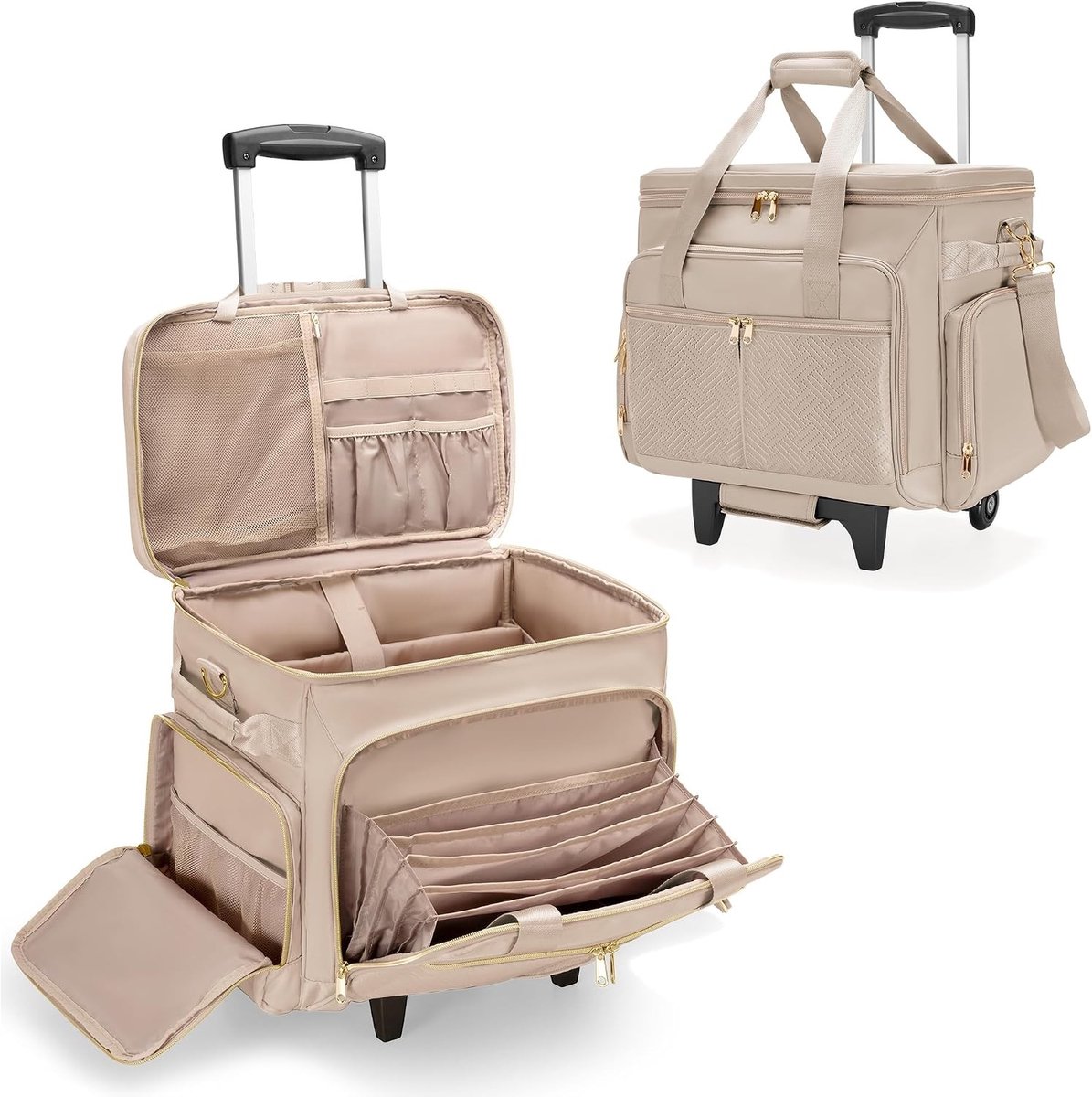 Ruime leraartas met wielen, afneembare trolley en ruimte voor 15.6" laptop en schoolbenodigdheden, Camel kleur, ideaal voor docenten