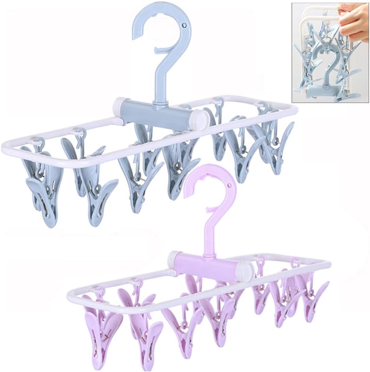YAGXIG Kledingdroogrek - 2-pack - Klein opvouwbaar - Draagbaar ondergoeddroogrek - Hangers met clips, sokken, 12 clips - 360° draaibare haak - Geschikt voor het drogen van handdoeken, bh's, babykleding en handschoenen. Kunststof