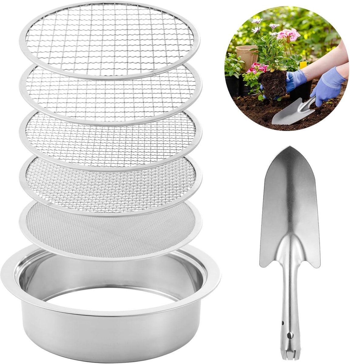KZQ 5-delige grondzeefset 20 cm - Verwisselbare mazen 1/3/6/9/12 mm - Inclusief schep - Voor potgrond en zaaigrond - Zilver