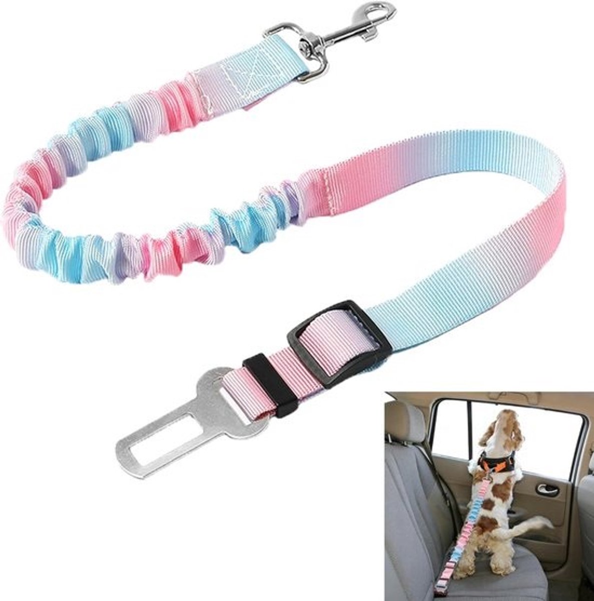 Autogordel Hond - Hondenriem Auto - Veilig Reizen - Elastisch Schokabsorberend - 50-80 cm - Blauw Roze