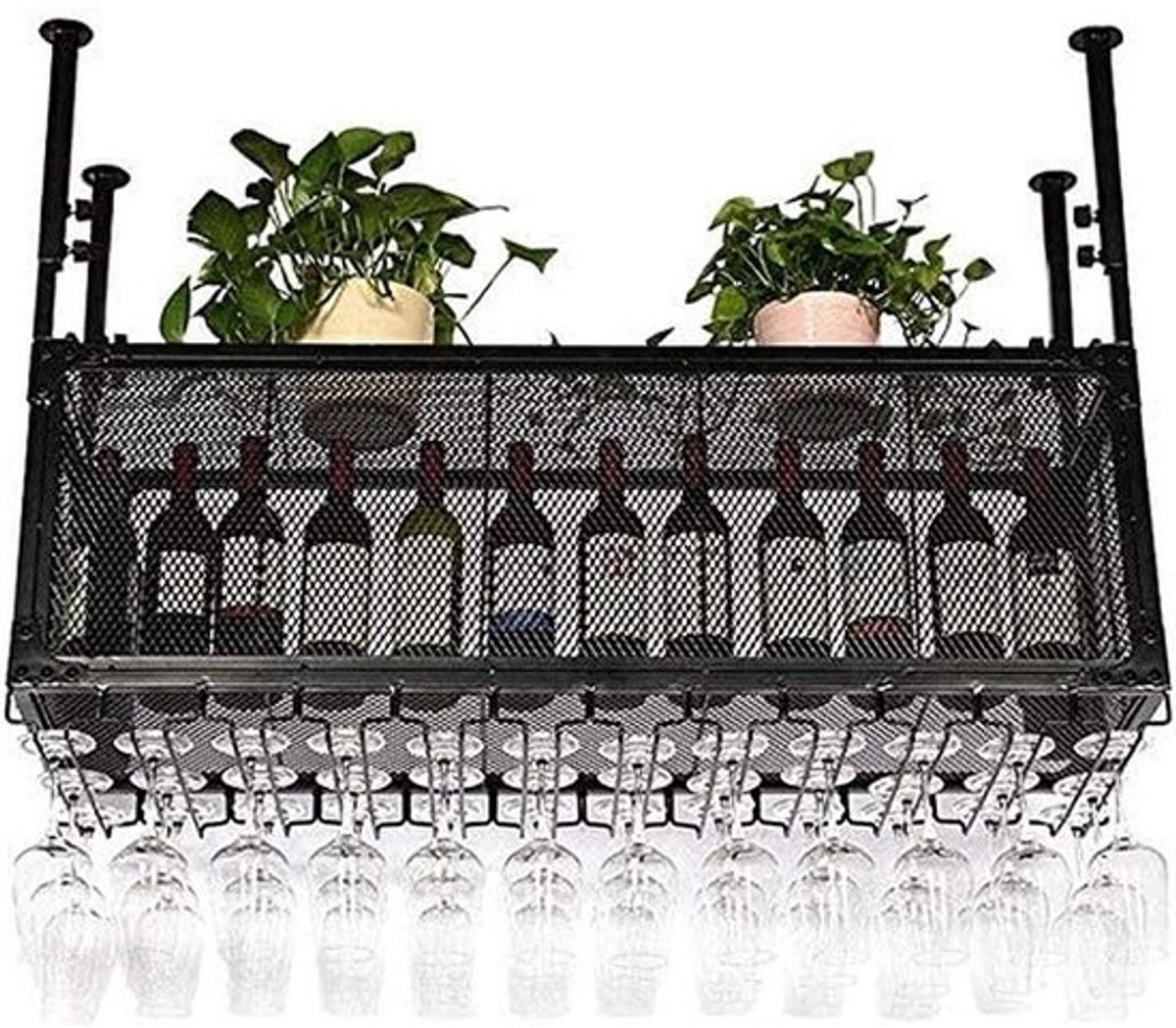 Wijnrek met Bekerhouder - Flessenrek Wandrek - Bar Inrichten - Verstelbare Hoogte - 60 x 35 cm - Zwart